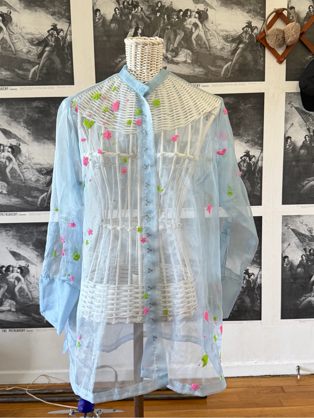 Kratisha Kanoi - Sheer Light Blue Embroidered Button-Down Shirt - Salwar Kameez